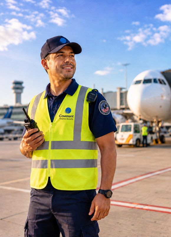 Covenant Aviation Security officer supporting airport access control operations