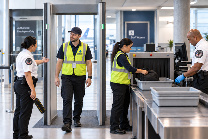 Airport employees at a security screening checkpoint